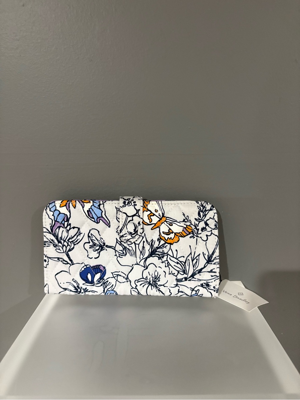 Vera Bradley White Floral & Butterfly Zip Wallet with Blue and Orange Accents